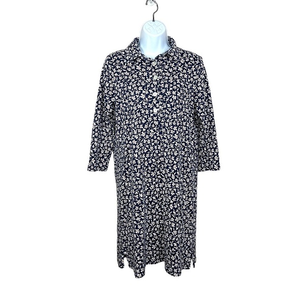 Lands End Blue Floral Cotton Dress Collared Stretch Knee Length - Picture 1 of 10